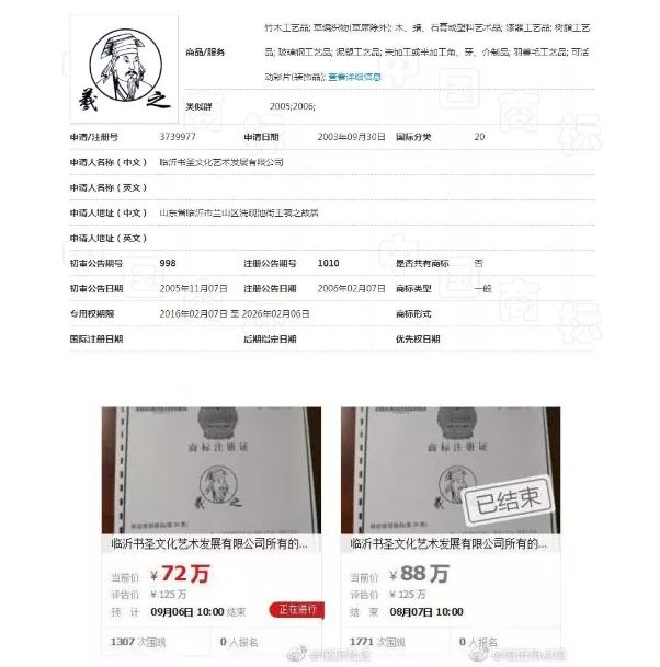 估值125万的“羲之”被拍卖,历史名人商标快要被抢光了! 估值125万的“羲之”被拍卖,历史名人商标快要被抢光了!